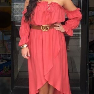 Off the shoulder orange/red high low dress